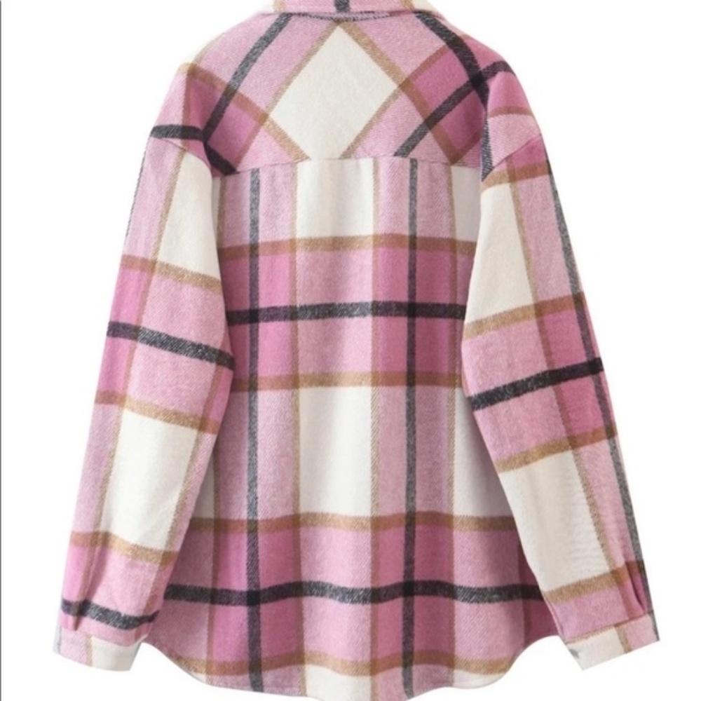 Cozy plaid button down Oversized trucker jacket Shacket - Picture 3 of 5